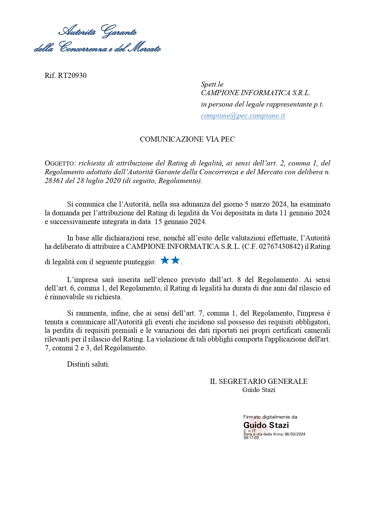 Rating di Legalità ★★